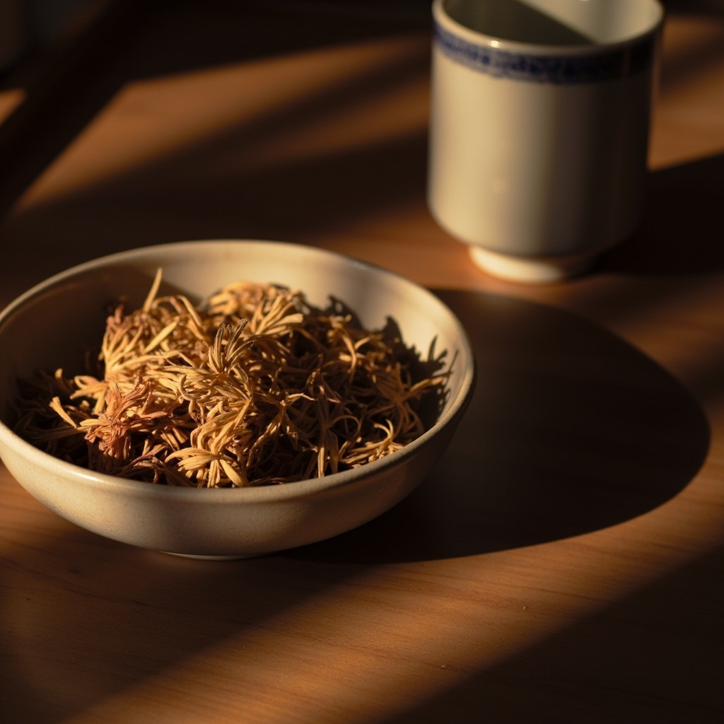 Ceramic bowl with dried osmanthus flowers and tea