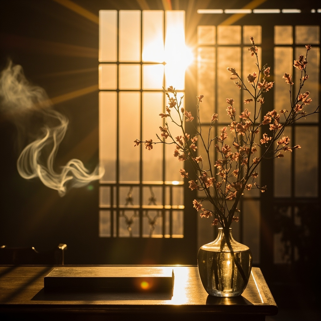 Chinese scholar study with osmanthus at golden hour