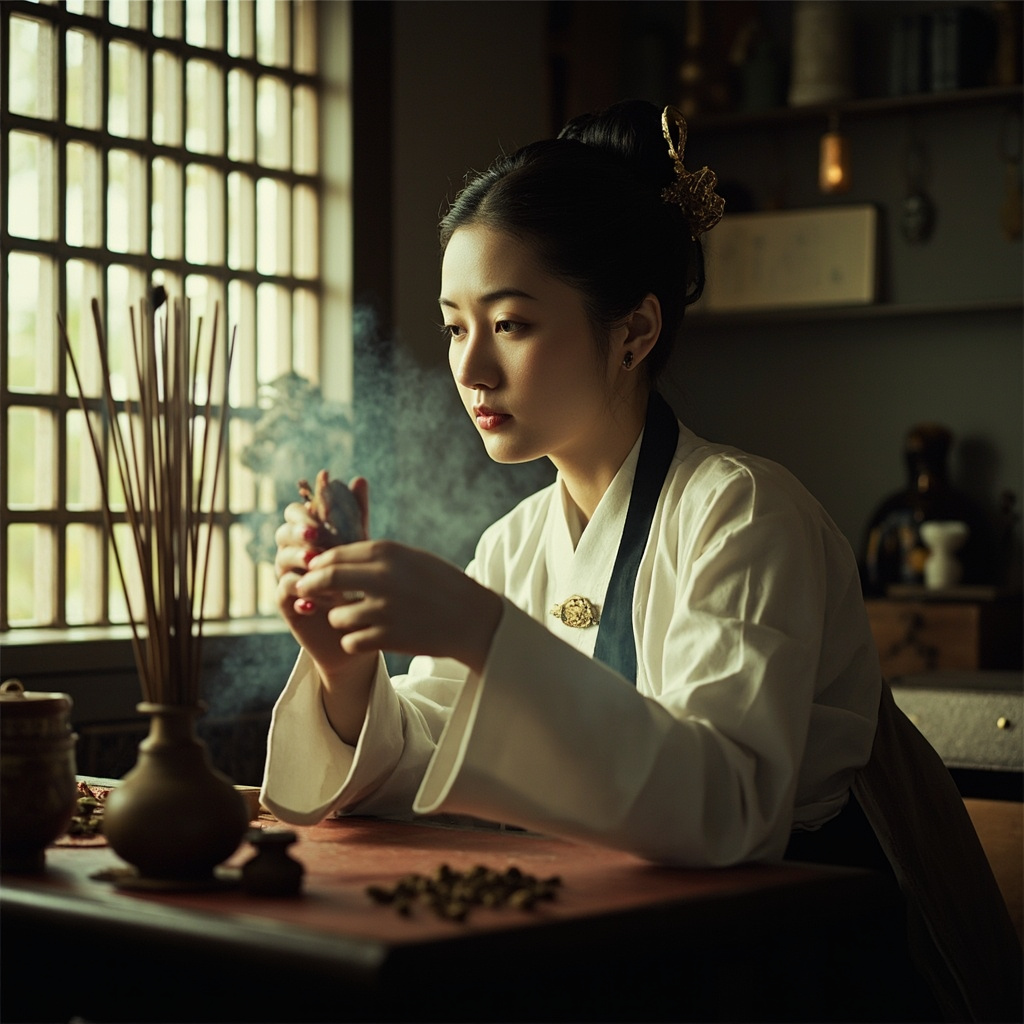 Traditional Chinese incense practice at wooden desk