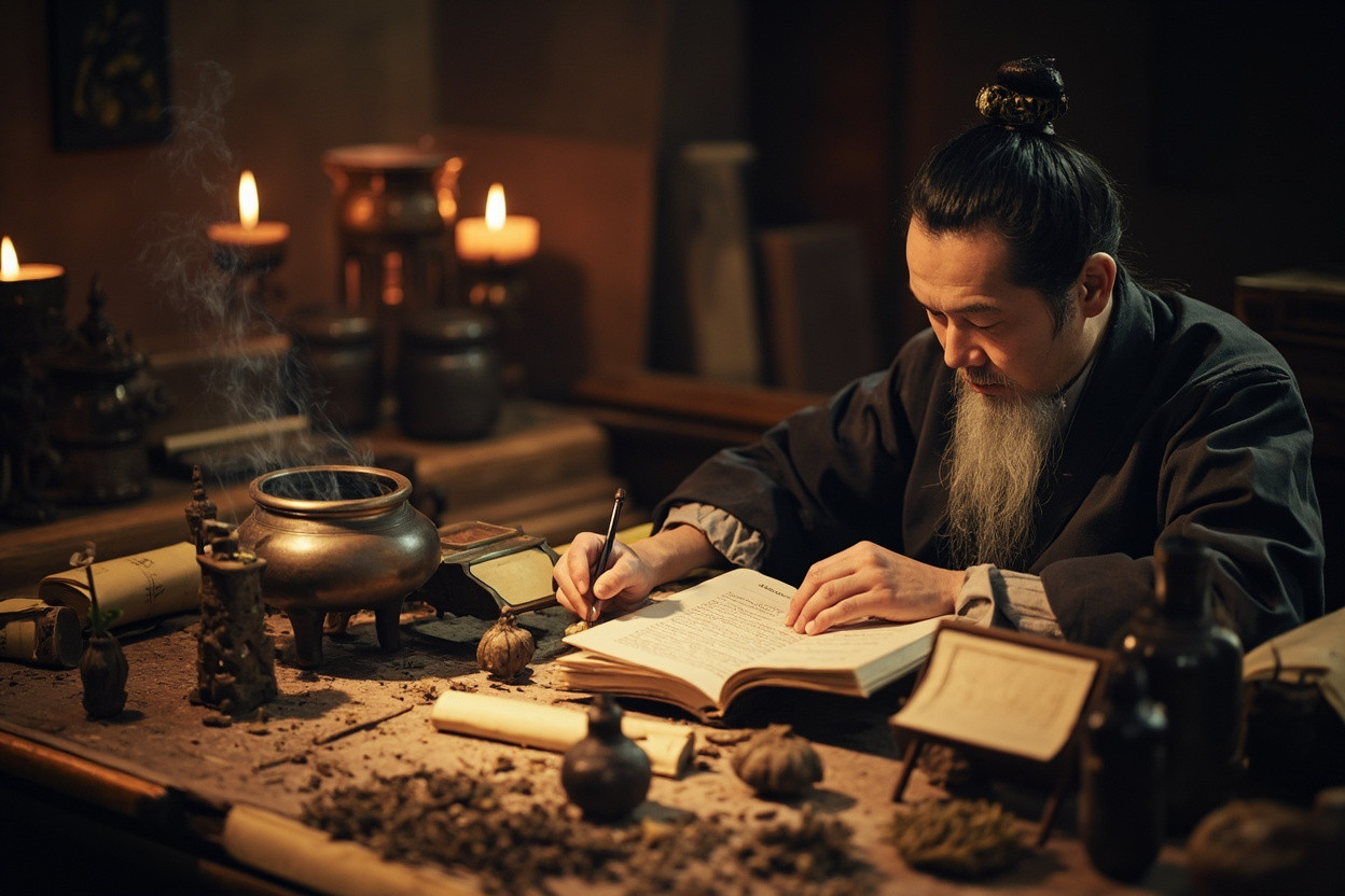 Ancient Chinese physician consulting texts on dampness dispelling