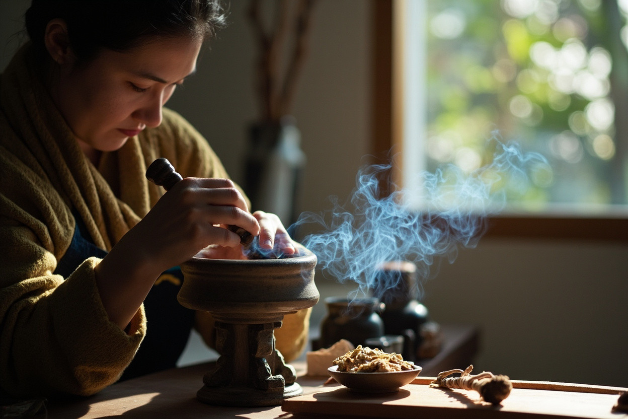 Modern person grinding herbs for dampness dispelling incense