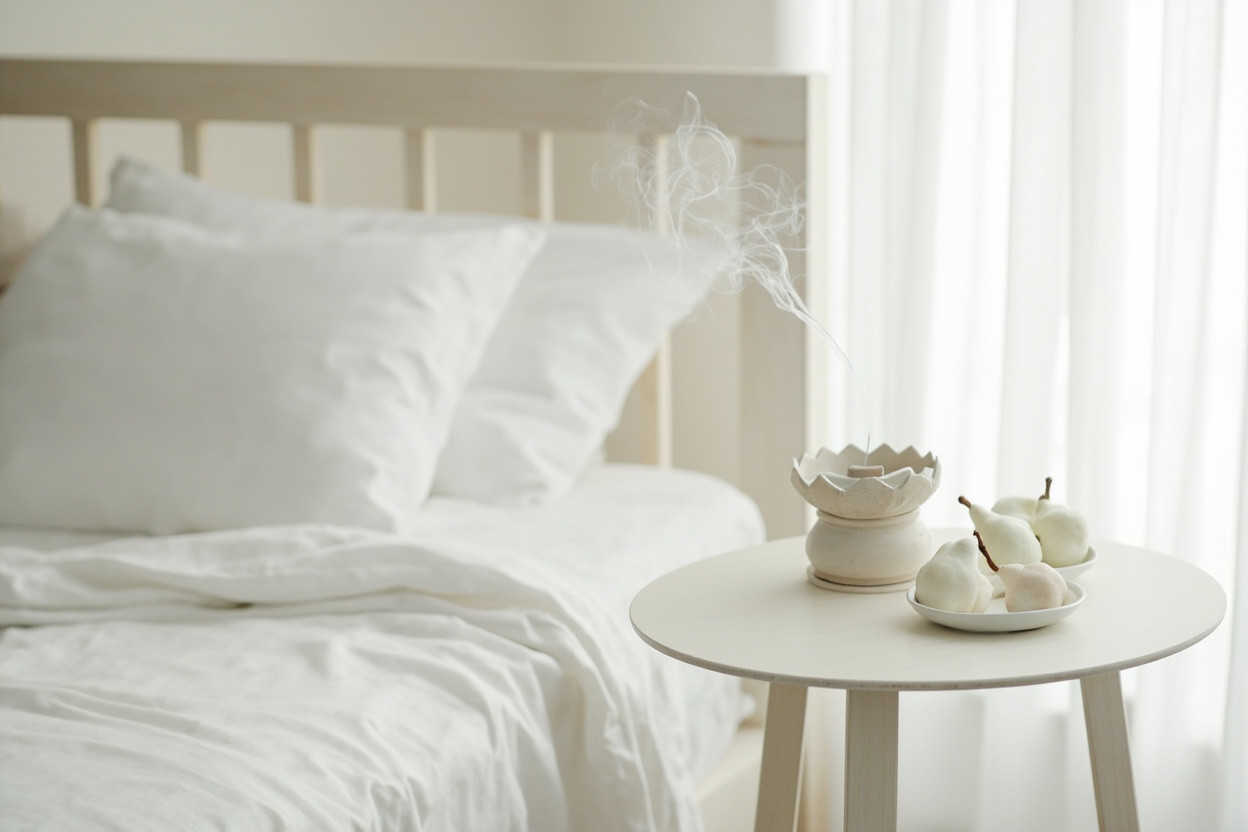 Modern bedroom incense practice minimalist clean aesthetic