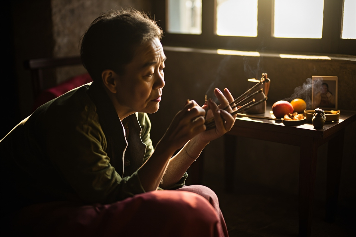 Elderly woman burning incense at home shrine