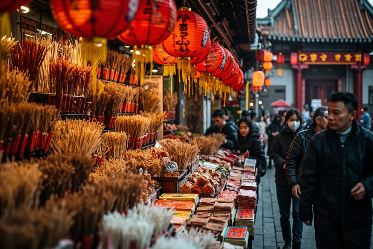 Chinese temple market with incense and offerings