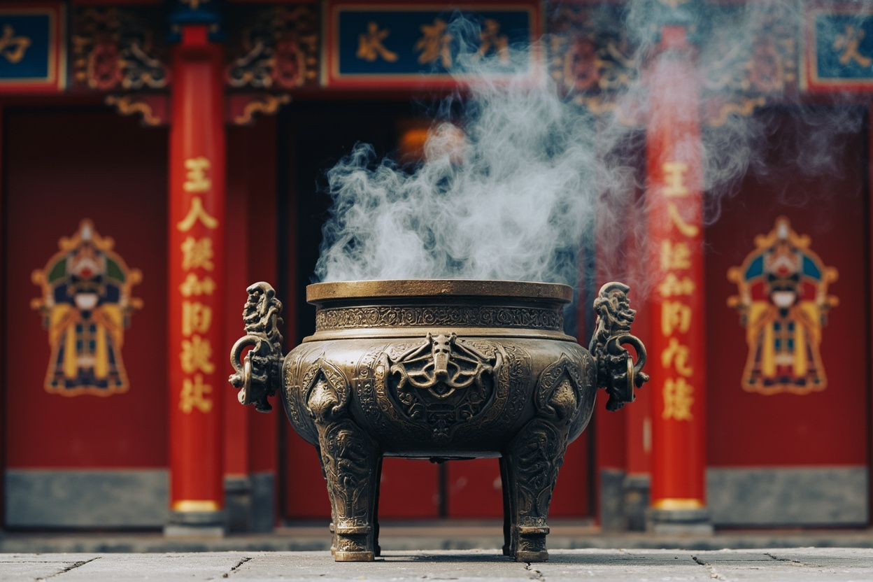 Temple incense burner with door gods