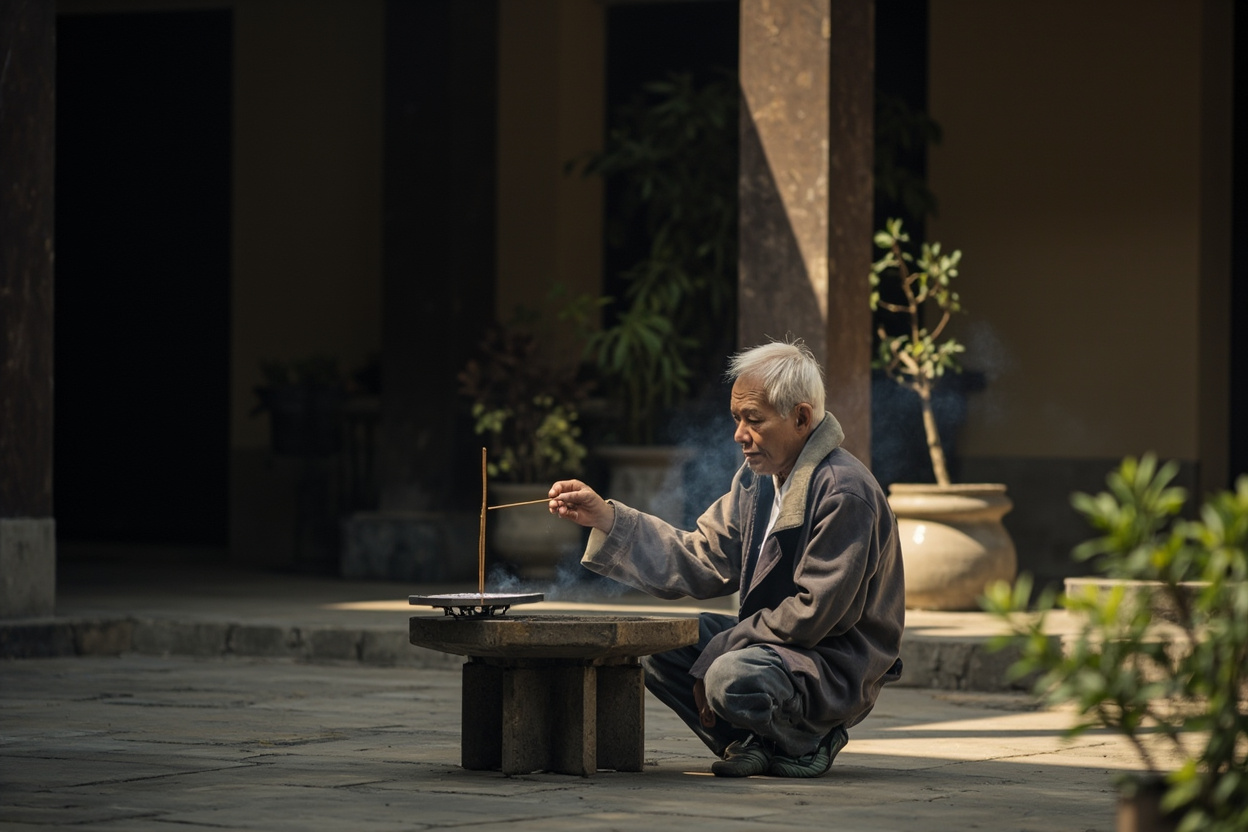Elderly man lighting incense in courtyard
