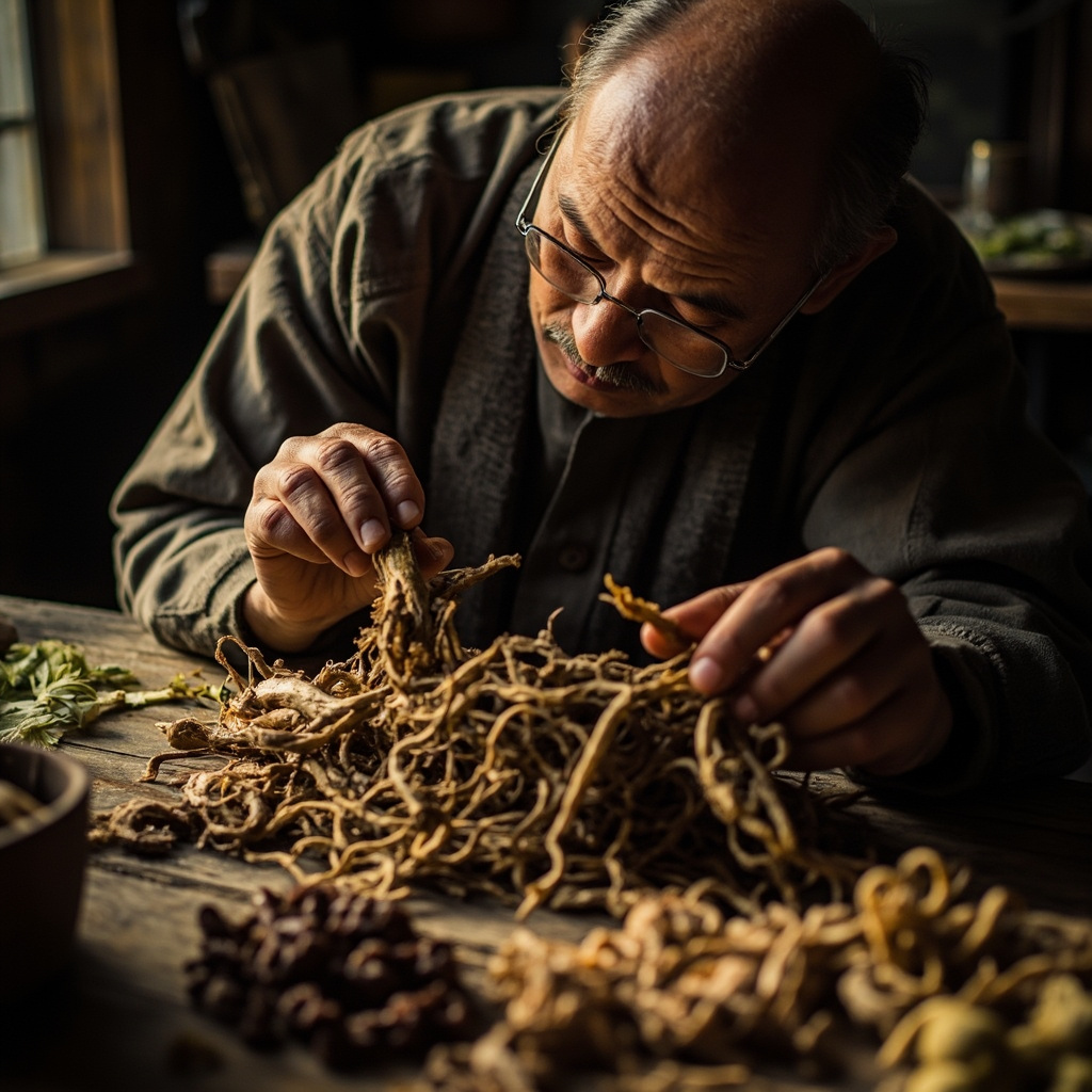 Hands examining dried herbs