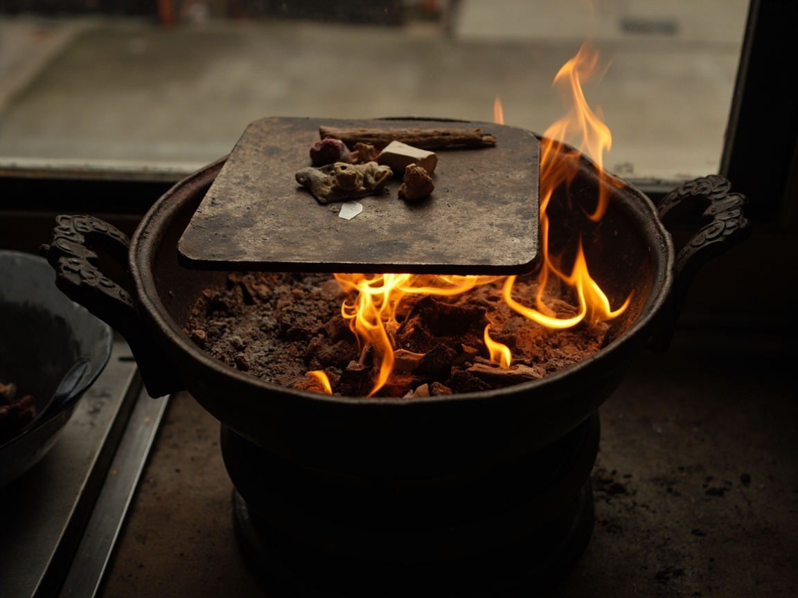 Traditional Chinese charcoal brazier with heat shield for incense
