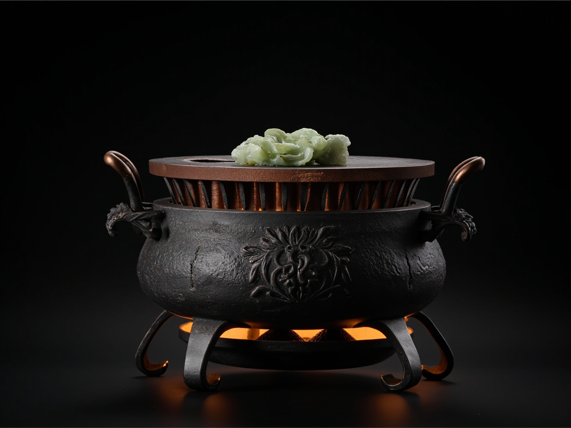 Detailed view of charcoal brazier with incense materials on mica screen