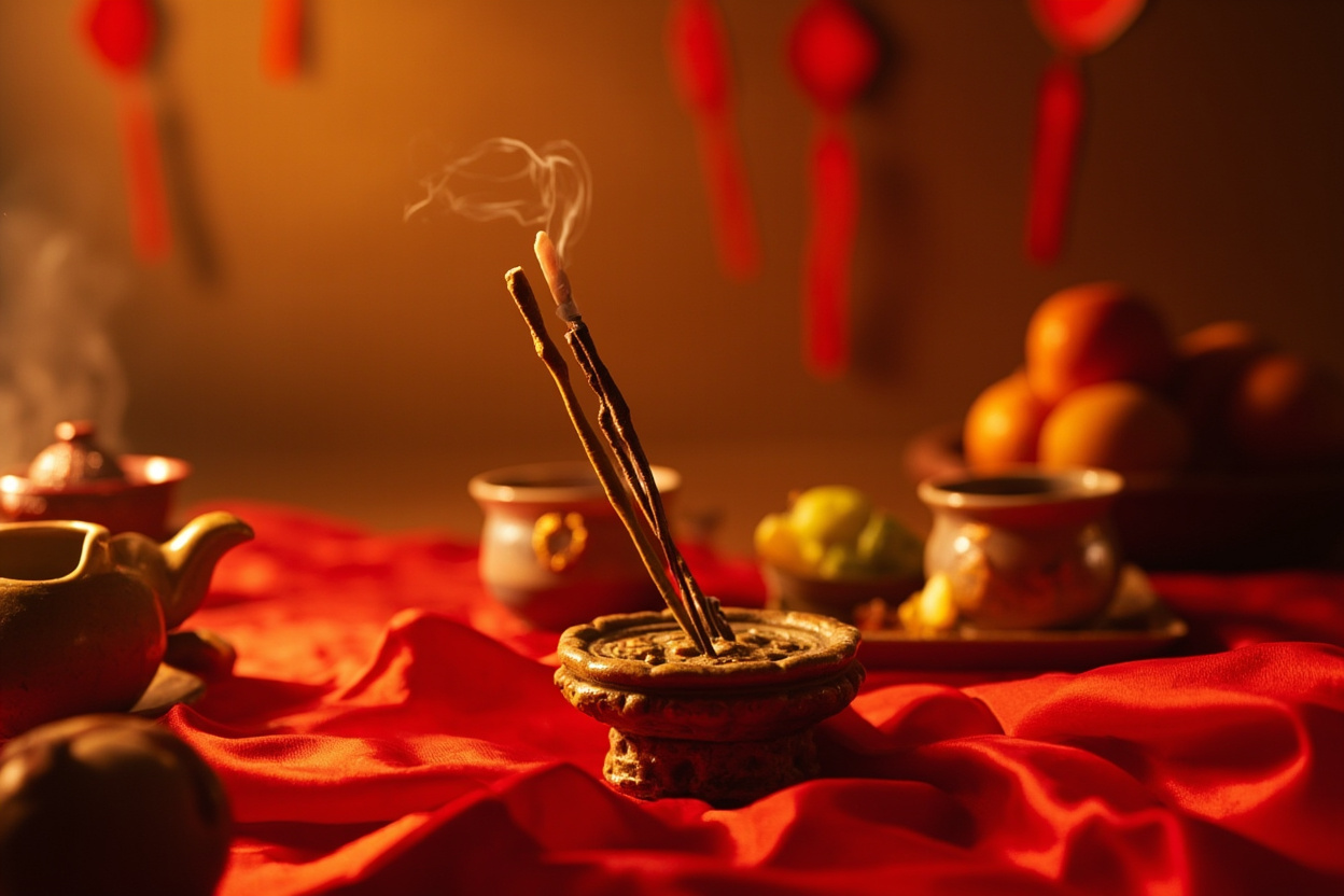 Chinese New Year family altar with red silk cloth, three sticks of incense in jade burner, offerings of fruit and tea