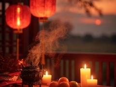 Traditional Chinese Spring Festival celebration, red lanterns and incense burner on family altar