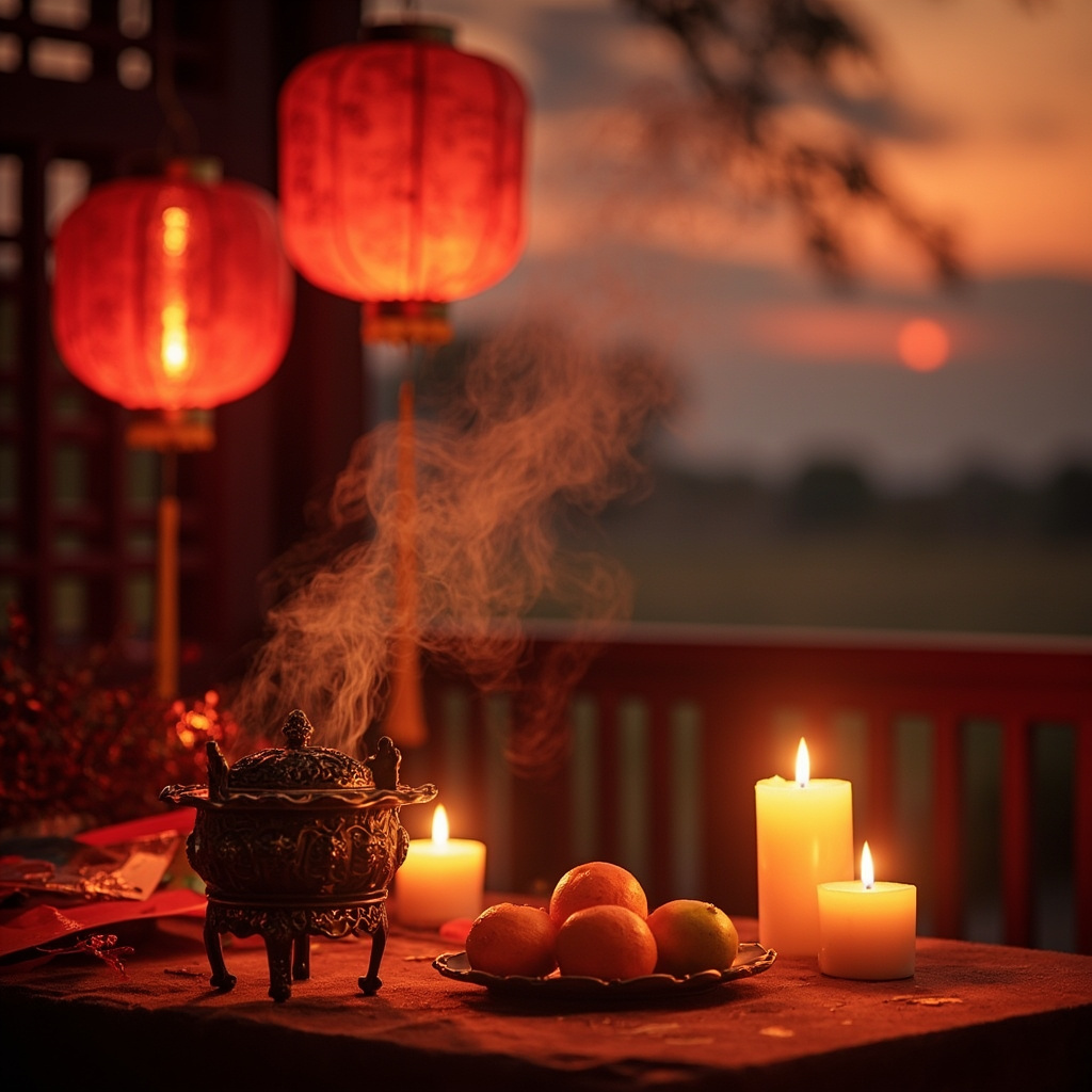 Traditional Chinese Spring Festival celebration, red lanterns and incense burner on family altar