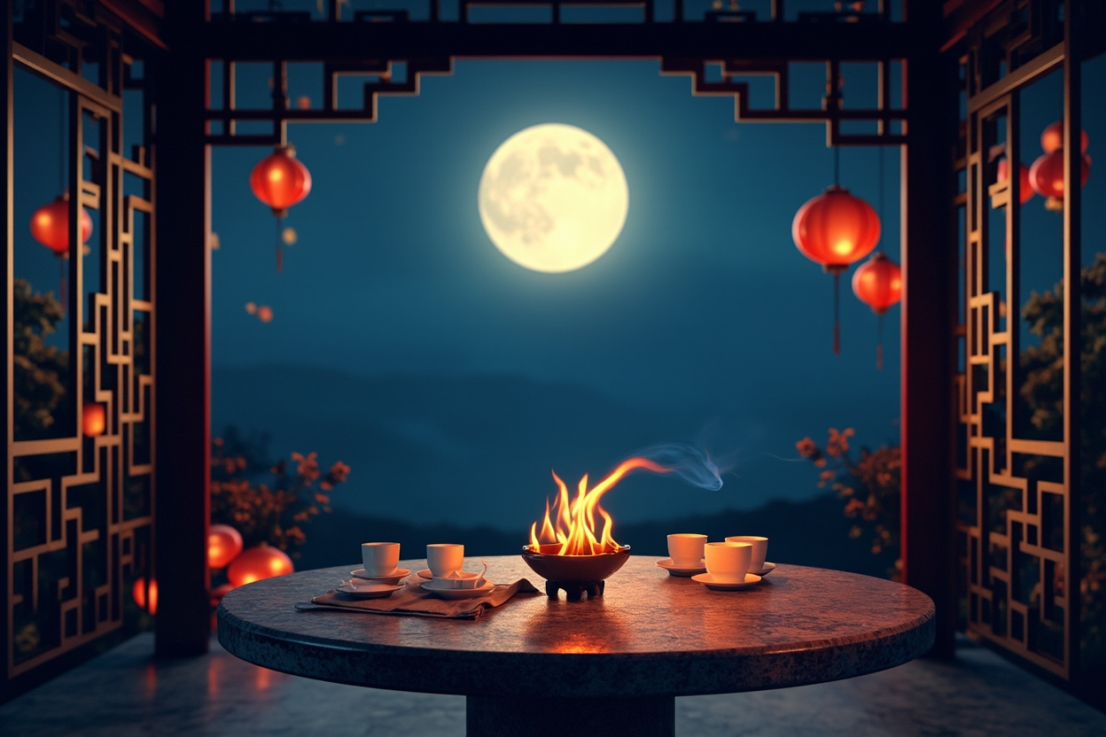 Chinese Mid-Autumn Festival celebration, full moon, incense burning in tripod burner, mooncakes and tea set