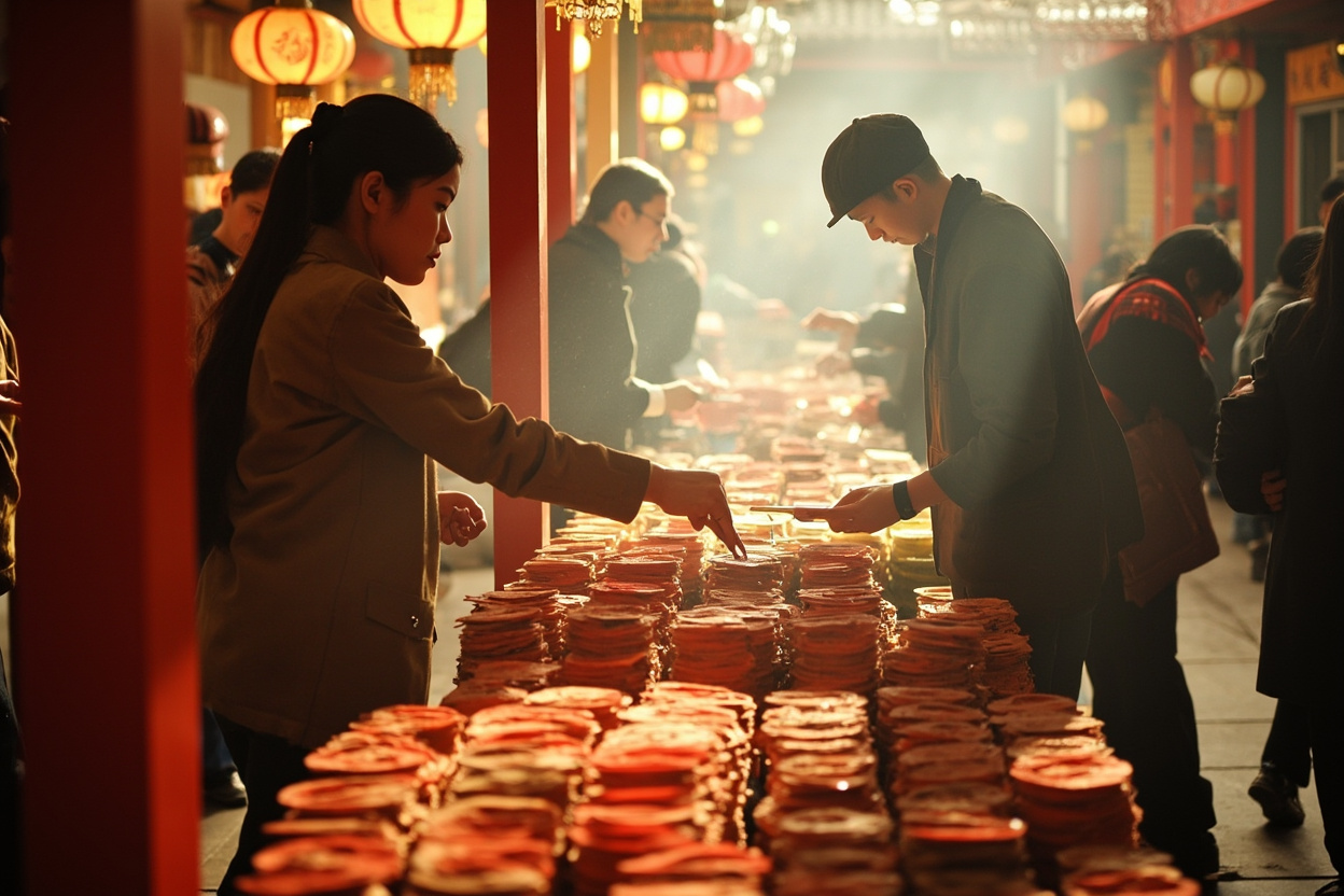 Chinese temple fair scene during traditional holiday, people lighting incense at a shrine, warm afternoon light