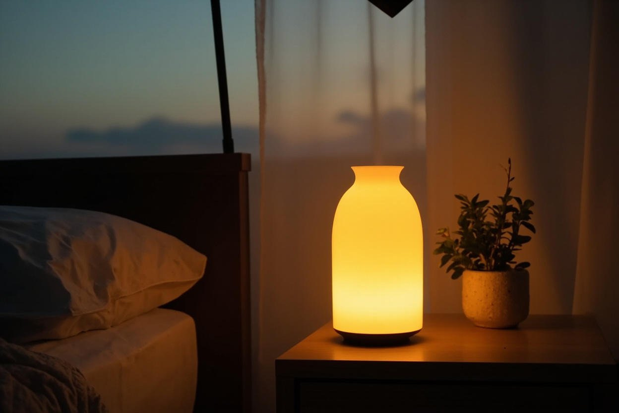 Modern minimalist Chinese bedroom at dusk with sleek aroma lamp glowing warm amber on nightstand