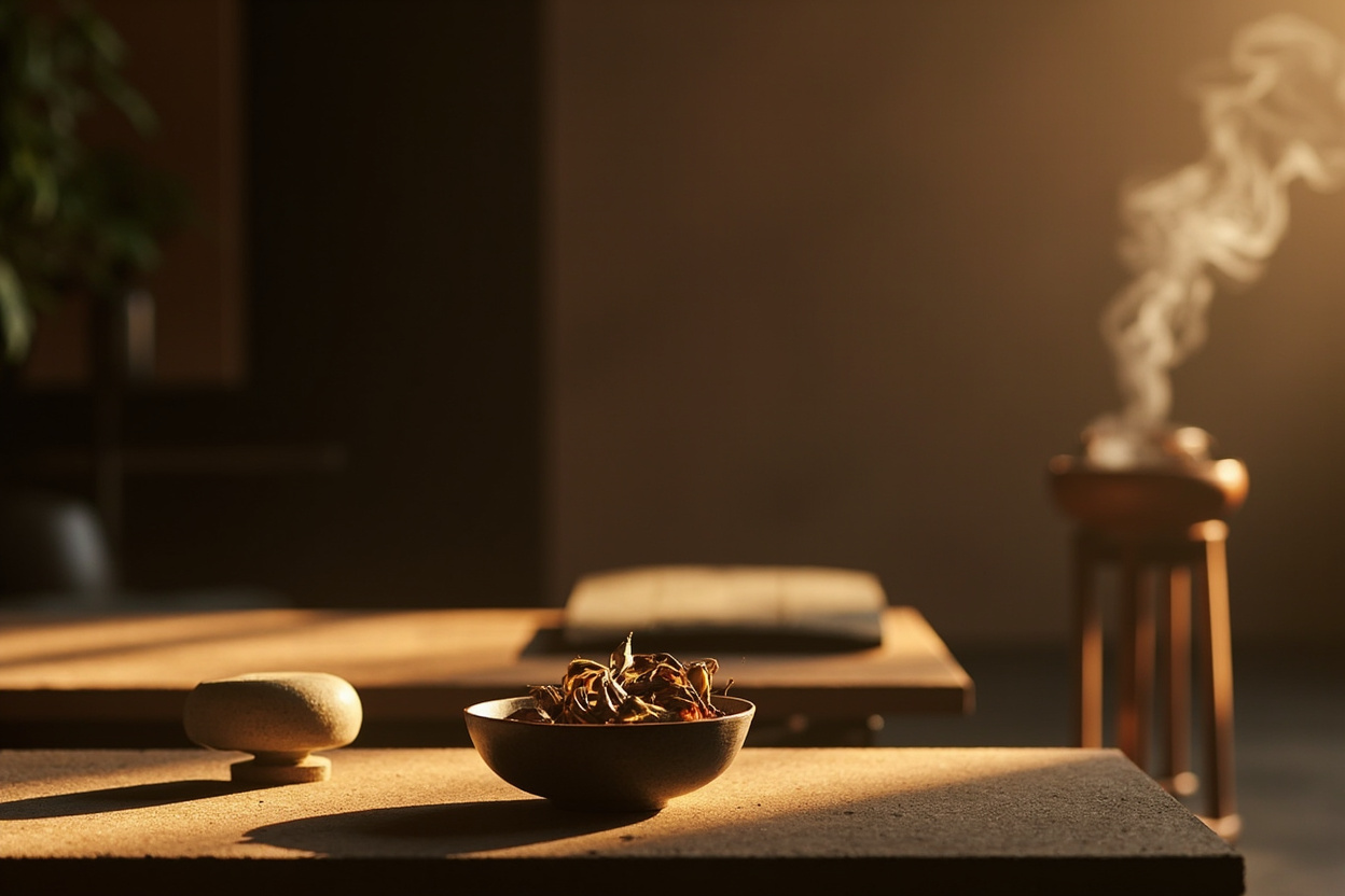 Modern Chinese living room with elegant standing incense burner, warm ambient lighting