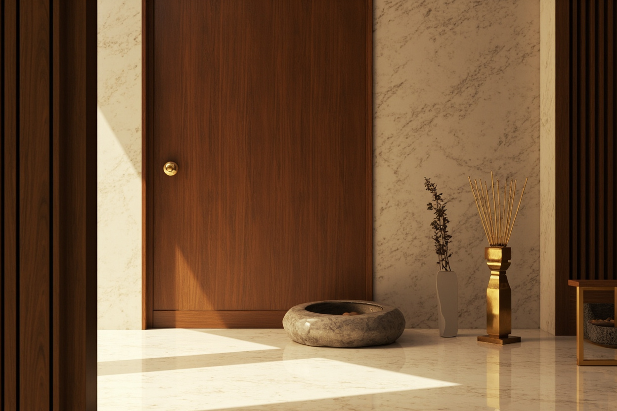 Modern Chinese entryway with tall standing incense burner beside door on marble floor