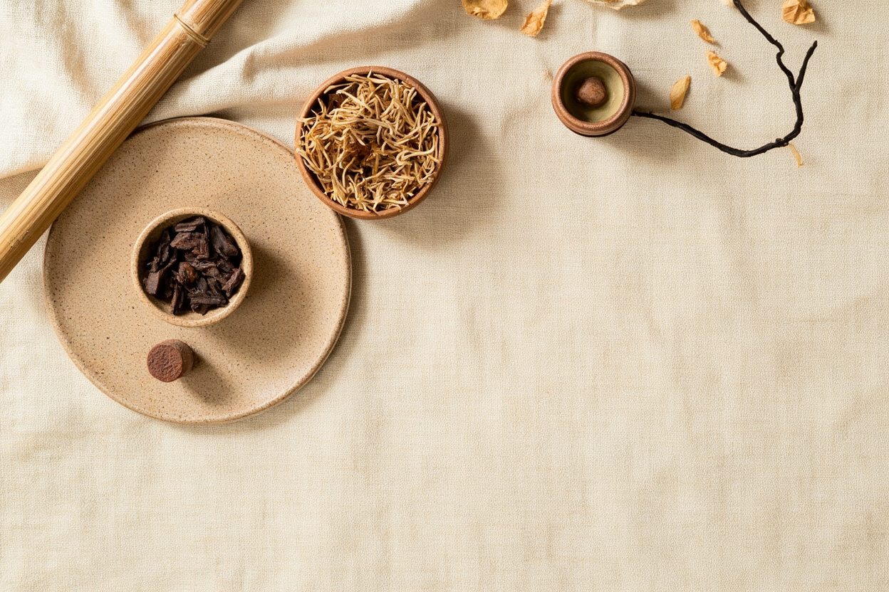 Traditional Chinese home fragrance materials: dried incense chips, bamboo sticks, ceramic oil warmer, aromatic wood shavings