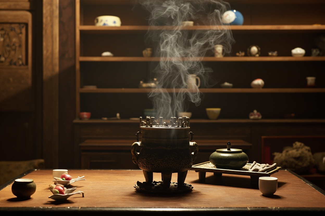 Traditional Chinese tea room with antique bronze incense burner on tea table, incense smoke rising gently
