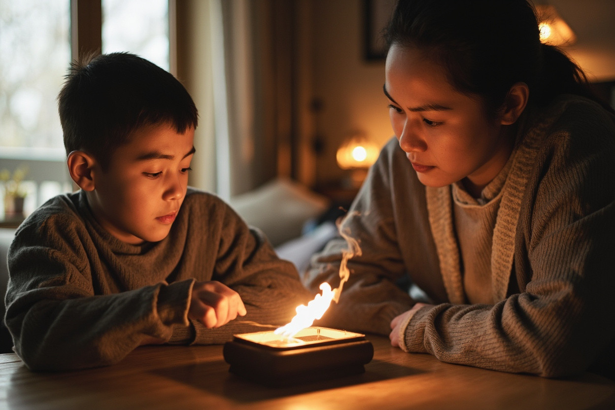 Parent supervising child incense practice safe electric burner