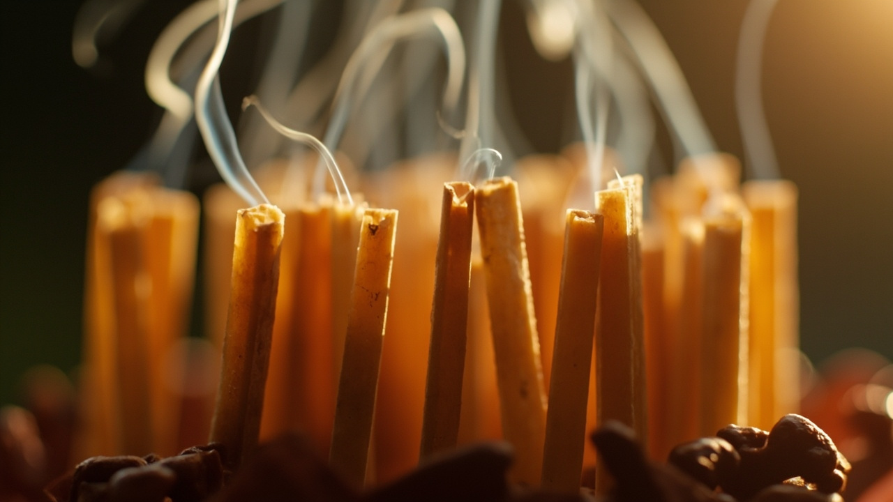 Many thin line incense sticks burning