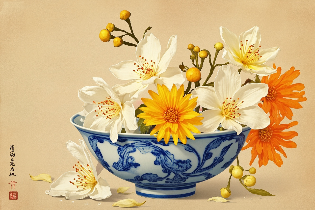 Fragrant flowers for ancient Chinese incense: plum blossom, osmanthus, jasmine, and orange blossom