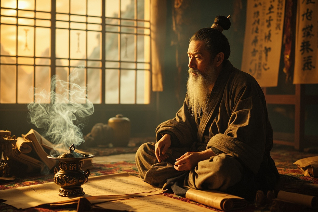 Ancient Chinese physician treating emotional disorders with incense