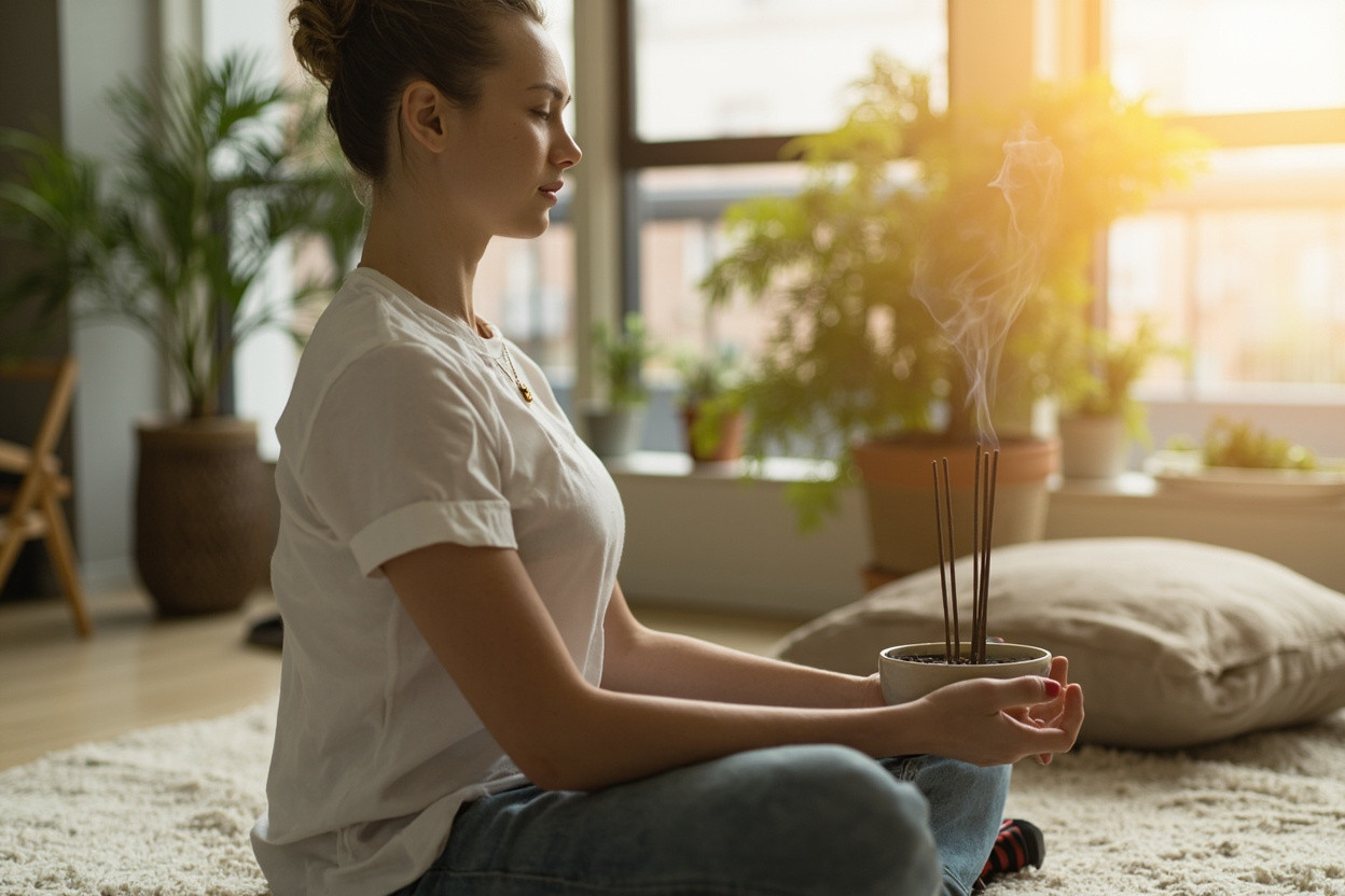 Modern person burning mood incense at home for relaxation