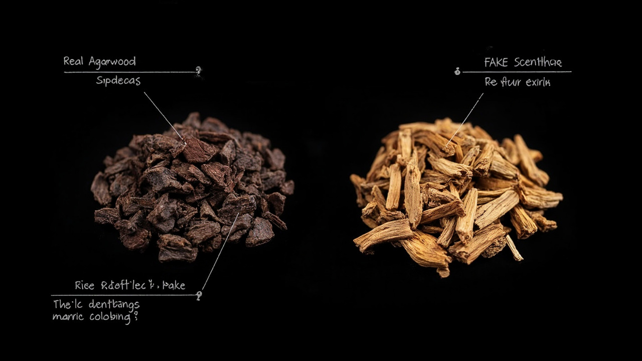 Real vs fake agarwood comparison showing grain patterns