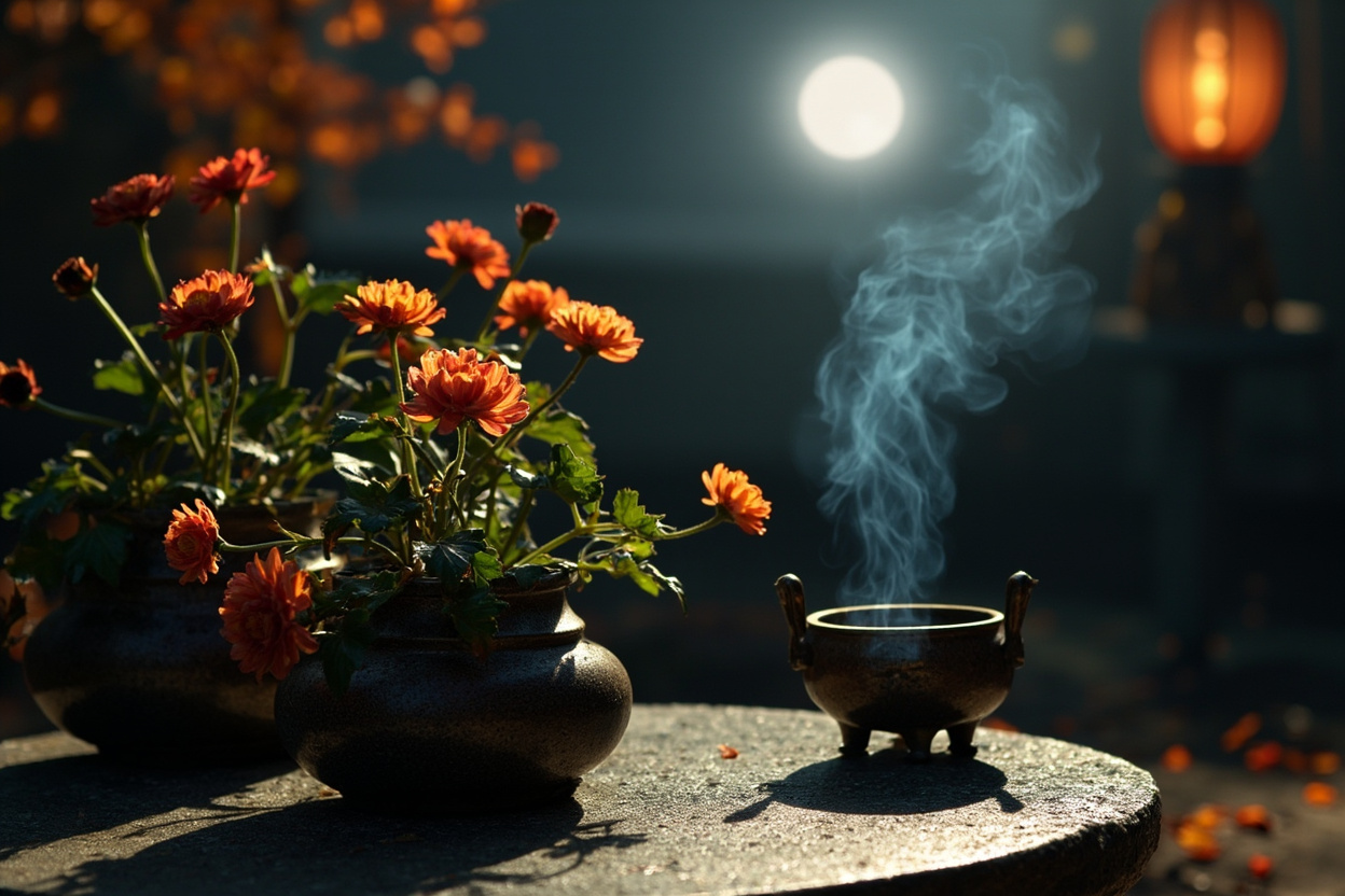 Autumn moonlit incense practice with chrysanthemums