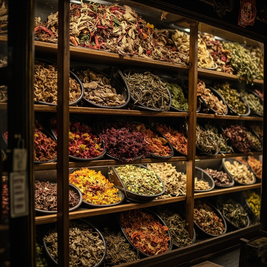 Traditional Chinese medicine shop with dried flowers