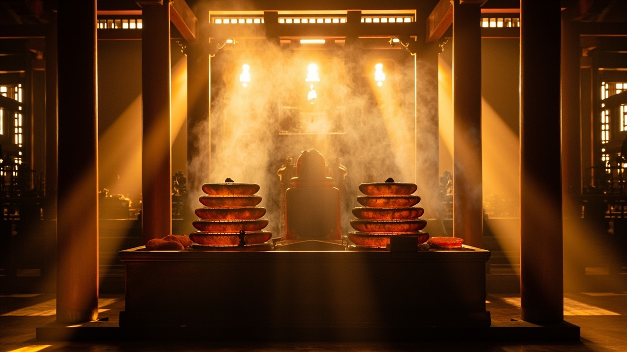 Large temple coil incense burning in traditional outdoor setting