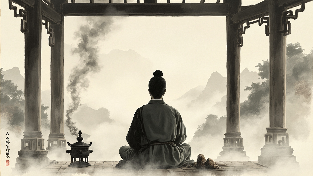Chinese philosopher in meditation before an incense burner in mountain pavilion
