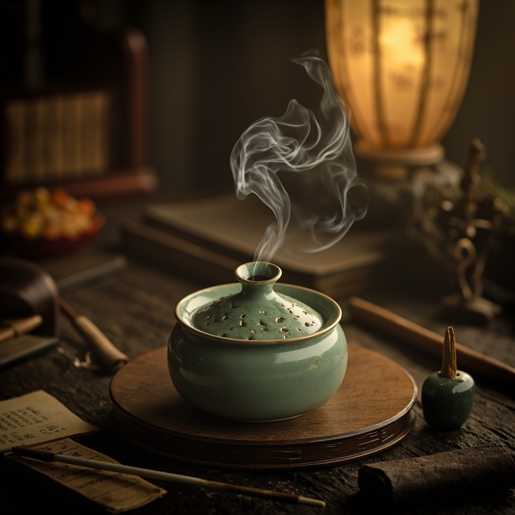 Traditional Chinese scholar lighting incense at desk